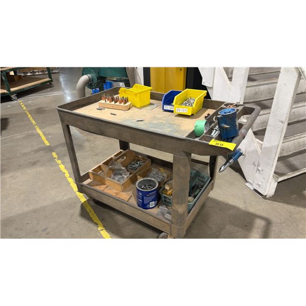 4-WHEEL 2-TIER PLASTIC PUSH CART WITH ASSORTED RIVETS & BITS CONTENTS