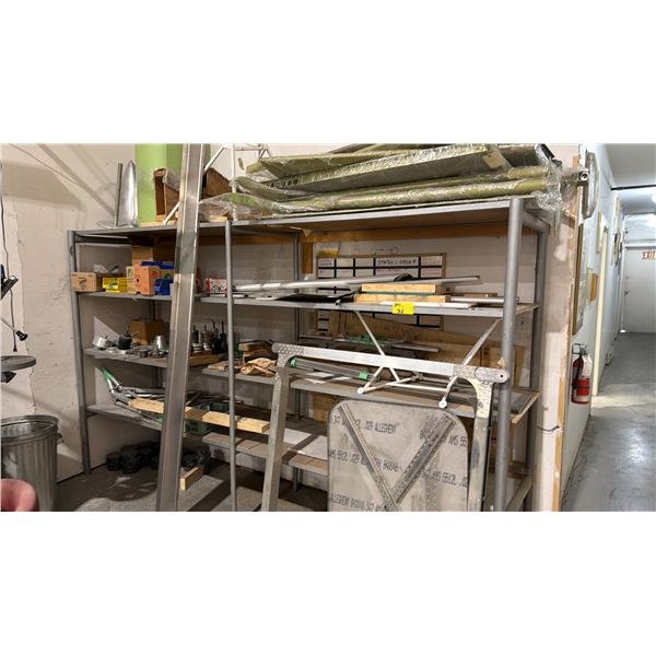 4-TIER SHELVING UNIT WITH ASSORTED CONTENTS INCLUDING; ALUMINUM PARTS, WOOD BLOCKS, OIL CAN,