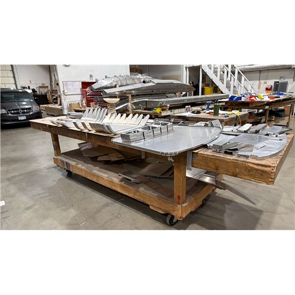 LARGE 2-TIER PORTABLE WOOD TABLE WITH ASSORTED ALUMINUM AIRPLANE PARTS CONTENTS *MUST TAKE ALL*