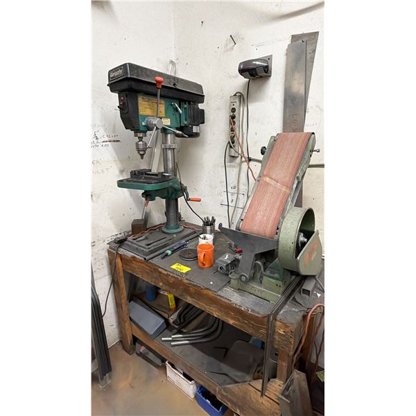 2-TIER WOOD SHELVING UNIT WITH BUSY BEE INDUSTRIAL BELT SANDER, GRIZZLY G7943 BENCH DRILL PRESS &