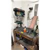 Image 1 : 2-TIER WOOD SHELVING UNIT WITH BUSY BEE INDUSTRIAL BELT SANDER, GRIZZLY G7943 BENCH DRILL PRESS &
