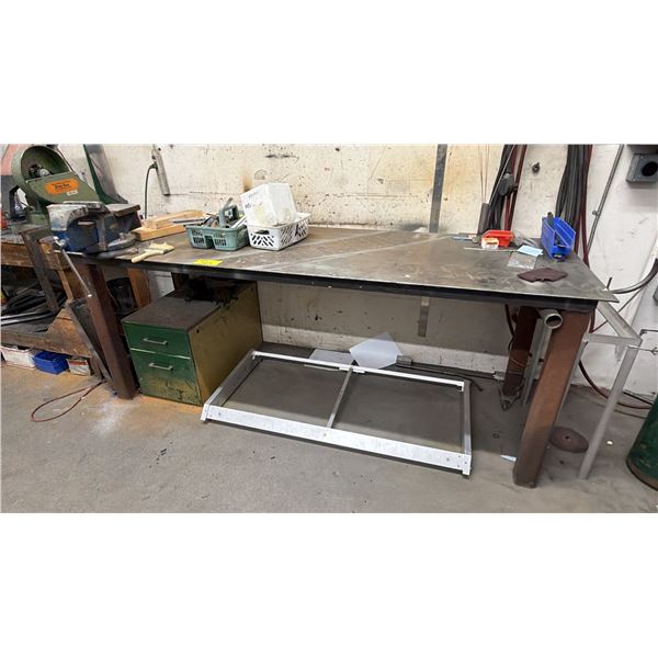 METAL WORK TABLE WITH ATTACHED SWORDFISH VISE, FILE CABINET & ASSORTED CONTENTS *MUST TAKE ALL*