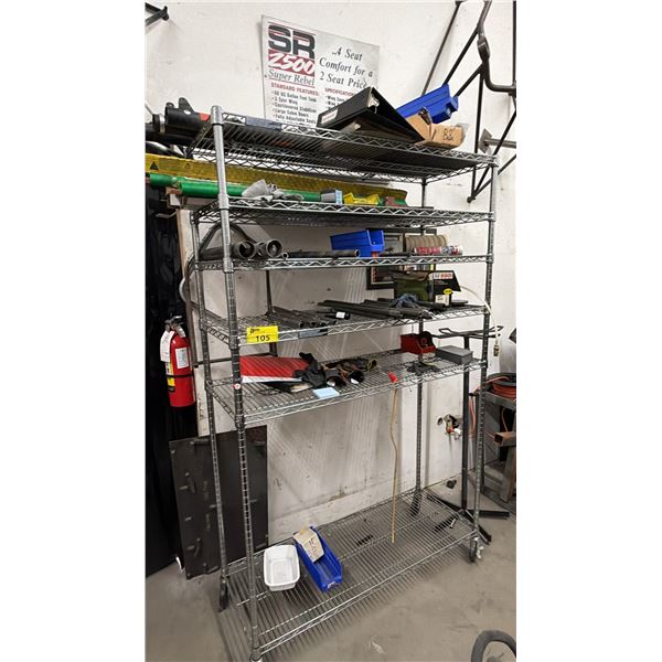 6-TIER METAL ROLLING RACK WITH ASSORTED CONTENTS INCLUDING; ALUMINUM RODS, BITS, GLOVES & MORE
