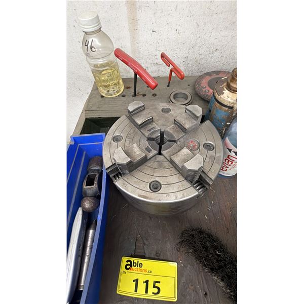 2-TIER METAL STAND WITH ASSORTED CONTENTS INCLUDING; 4-JAW LATHE CHUCK & MORE *MUST TAKE ALL*