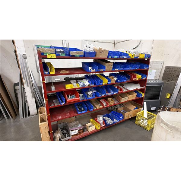 6-TIER METAL SHELVING UNIT WITH ASSORTED CONTENTS INCLUDING; ALUMINUM PARTS, BITS, CLAMPS & MORE