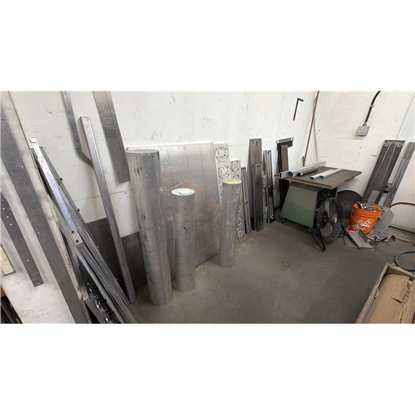 SECTION OF ASSORTED ITEMS INCLUDING; ALUMINUM POLES, SHEETS & OTHER PIECES, PORTABLE WORK TABLE,