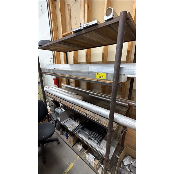 4-TIER METAL SHELVING UNIT WITH ASSORTED CONTENTS INCLUDING; ALUMINUM RODS, POSTS & PANELS, LATHE