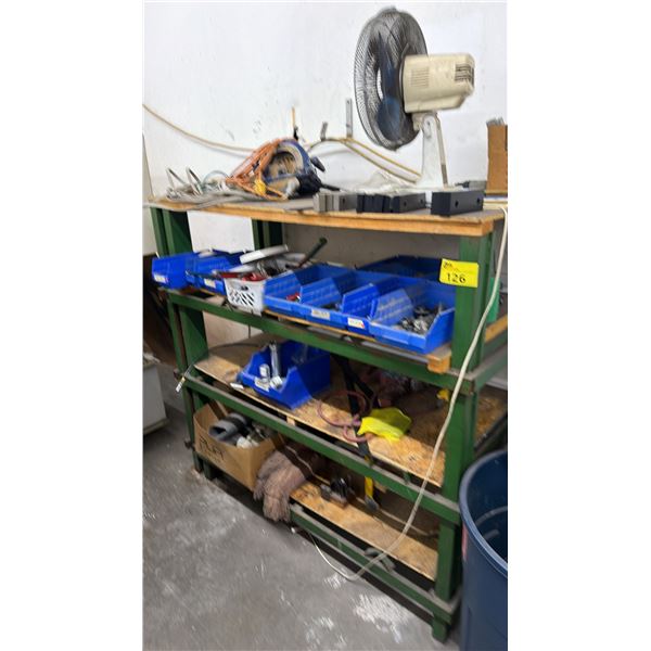 4-TIER STEEL SHELVING UNIT WITH ASSORTED HAND TOOLS, BITS, ALUMINUM & MORE CONTENTS *MUST TAKE ALL*