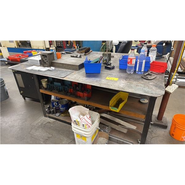 3-TIER METAL WORK BENCH WITH ATTACHED VISE, PRECISION TOOLS SLAB, ALUMINUM PIECES & MORE