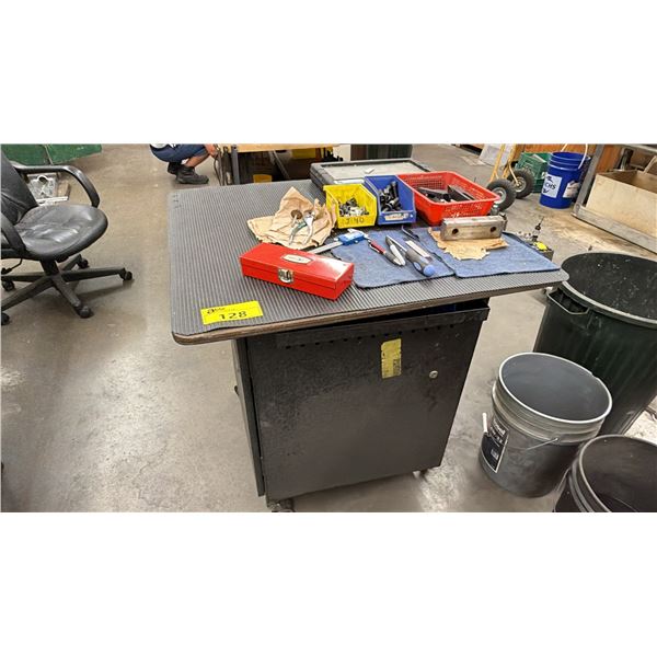 PORTABLE STORAGE CART WITH ASSORTED CONTENTS INCLUDING; SOCKET WRENCH SET, T-HANDLE HEX SET, NUTS &