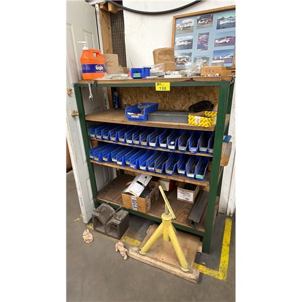 5-TIER STEEL SHELVING UNIT WITH ASSORTED CONTENTS INCLUDING; HARDWARE, PIPE JACK, HAND CLEANER &