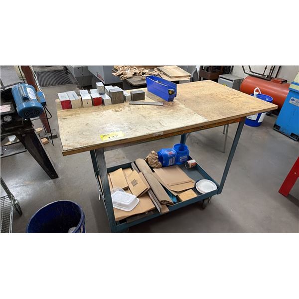 PORTABLE 2-TIER WORK TABLE WITH ASSORTED CONTENTS INCLUDING; ALUMINUM BLOCKS, HAND TOOLS & MORE