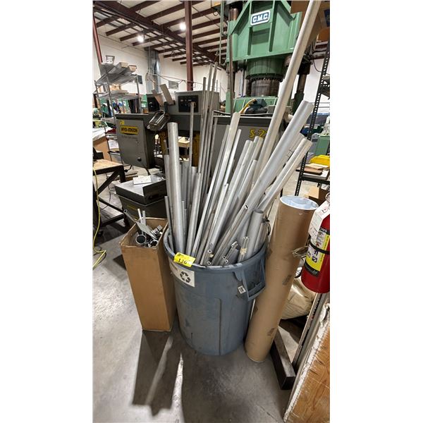 BIN & BOX OF ASSORTED ALUMINUM PIPES, RODS, PANELS & MORE