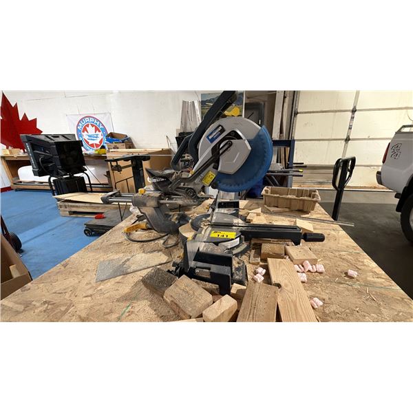 3-TIER PORTABLE METAL WORK TABLE WITH MASTERCRAFT HAWKEYE MITER SAW, RIDGID DRILL & ASSORTED WOOD