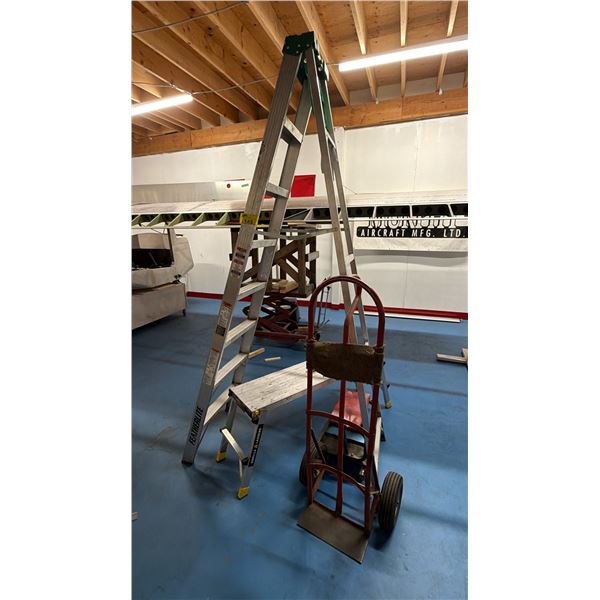 FEATHERLITE 8FT ALUMINUM STEP LADDER, 2FT ALUMINUM STEP BENCH, MECHANICS CHAIR & 2 WHEEL DOLLY