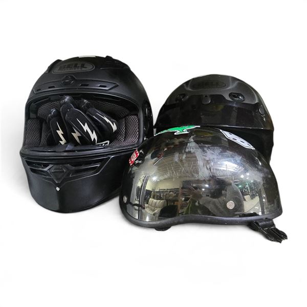 Group of 3 Motorcycle Helmets & 1 Pair of Riding Gloves