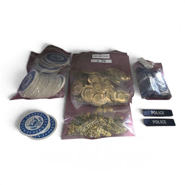 Group of Movie Set - Military Name Patches, Police Badges, USCP Pins, US Senate Coasters, Etc.