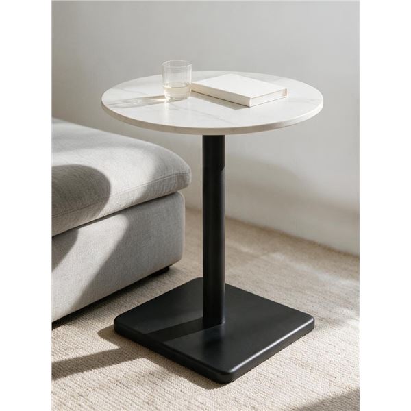 Round White Marble-Look Accent Side Table with Black Metal Base