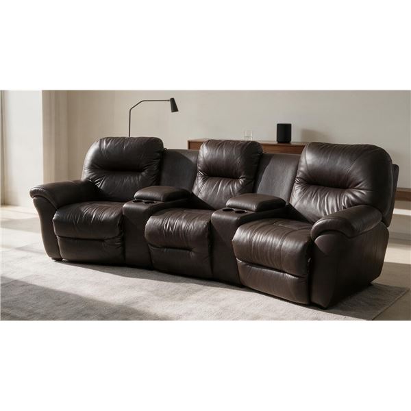 Dark Brown Leather Reclining Loveseat with Centre Console & Cup Holders