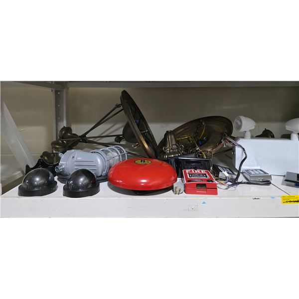 2x Shelves of Various Set Dec - Prop Books, Lighting, Cameras, Keypads, Etc.