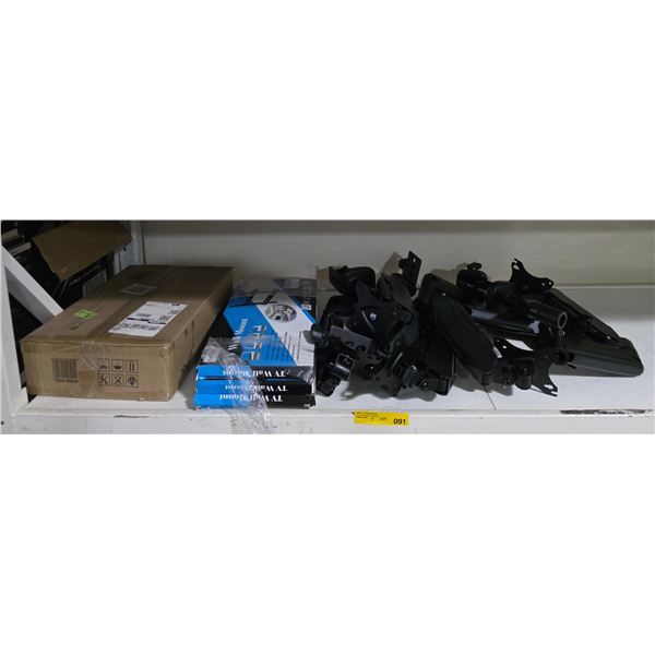 Shelf of Various Monitor Arms, TV Mount, Etc.