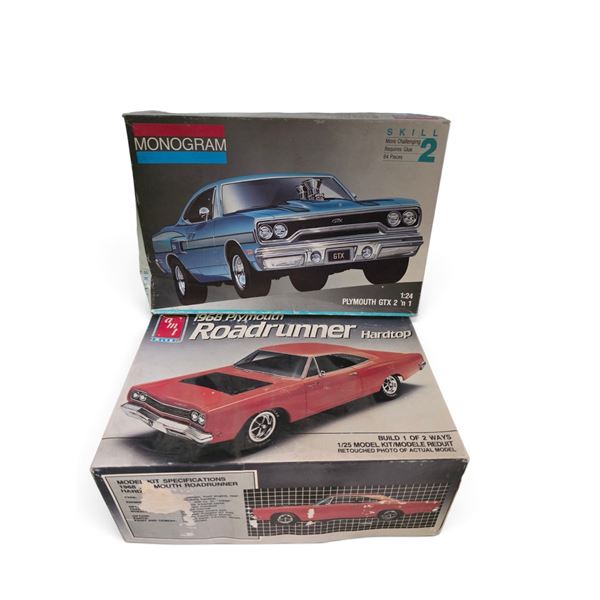 2 Vintage 1:24 Scale Model Car Kits - Monogram Plymouth GTX 2-in-1 & AMT 1968 Plymouth Road Runner
