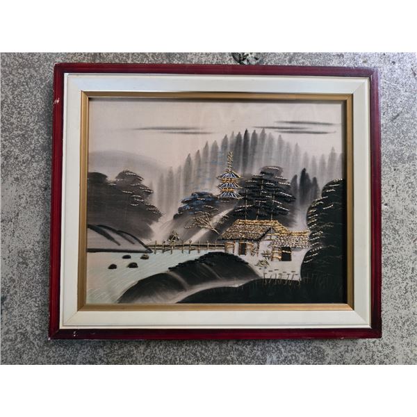 Framed Asian Landscape Artwork with Gold-Tone Embellishments