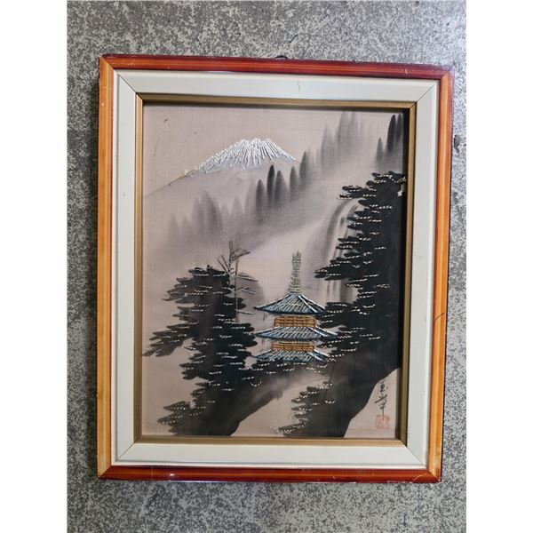 Framed Asian Landscape Artwork with Gold & Silver-Tone Embellishments