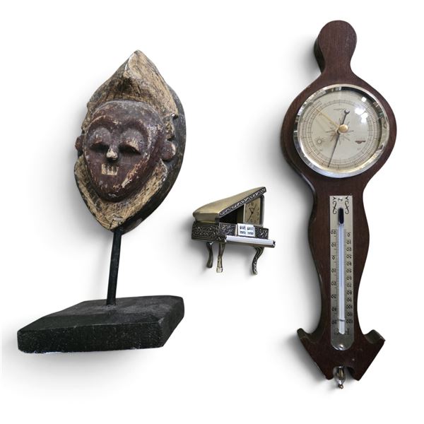 Assorted Vintage Decorative Collectibles - Miniature Piano, Wooden Wall-Mounted Barometer & Thermome