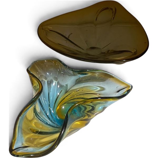 2-Pcs Art Glass Decorative Bowls, Blue/yellow (W10") & Yellow (W14")