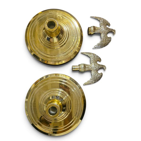 2 Gold Tone Flagpole Bases (Dia. 11") and 2 Eagle Plastic Toppers (7"x7")