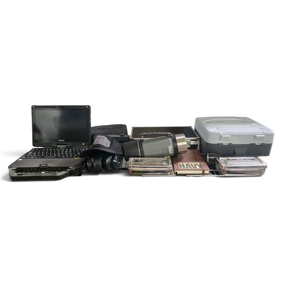 Group of Movie Set Dec Military Gear including Getac Laptop, Gas Masks, & Cases,and More