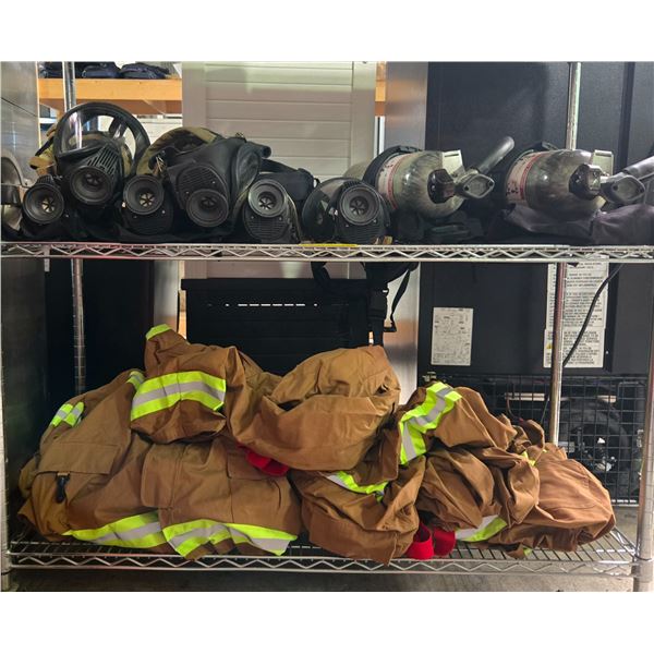 2-Shelf of Firefighter Movie Set Dec - Bunker Gear, Gas Masks & Air Tanks