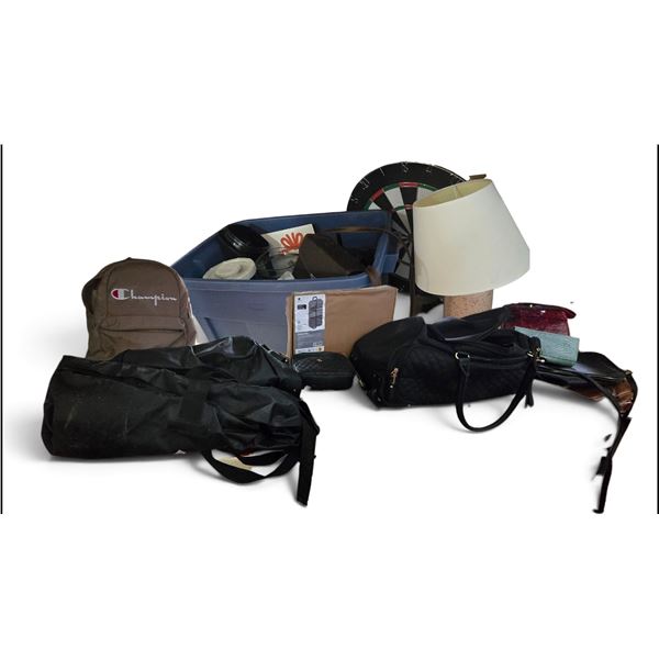 Shelf of Home Decor, Lamp, Travel Bags, Backpacks, Vintage Wallets, and More