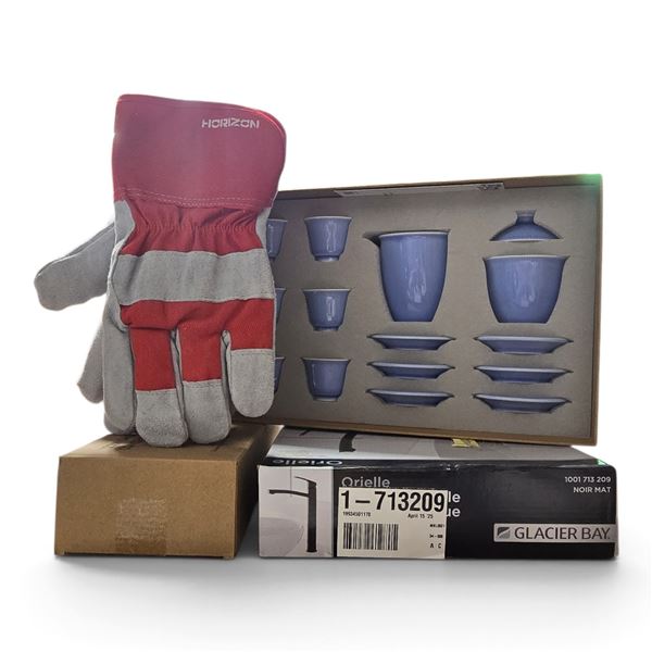 Group of 5 - New Ceramics Tea Set, Glacier Bay Faucet, Cable Concealer, Winter Gloves