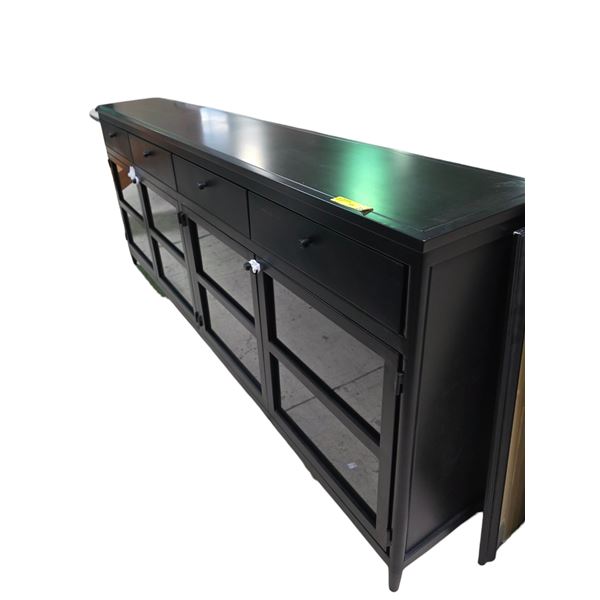 Modern Black Metal Glass-Door Buffet - approx. 95" x 16" x 40" (One corner is damaged)