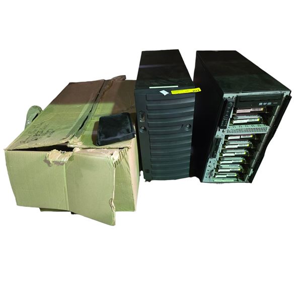 Group of 2 Black Tower Computers & Box of NEW IBM USB Portable Diskette Drive