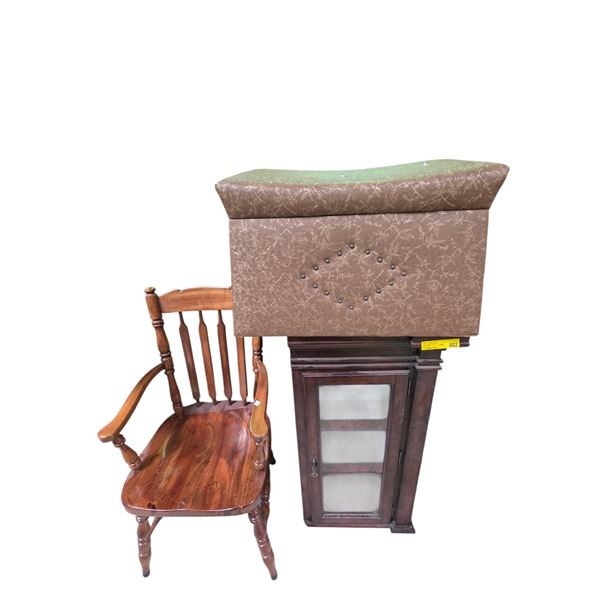 Group of 3 - Wooden Chair and Display Cabinet (H39.5" x W20"), Storage Ottoman (W25")