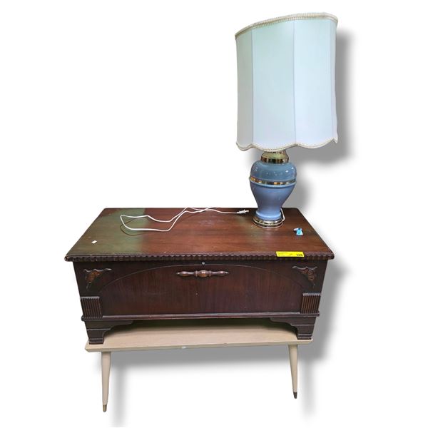 Wooden Bookshelf (H63" x W35"), 2 Coffee Tables (W39" Each), and Blue Table Lamp