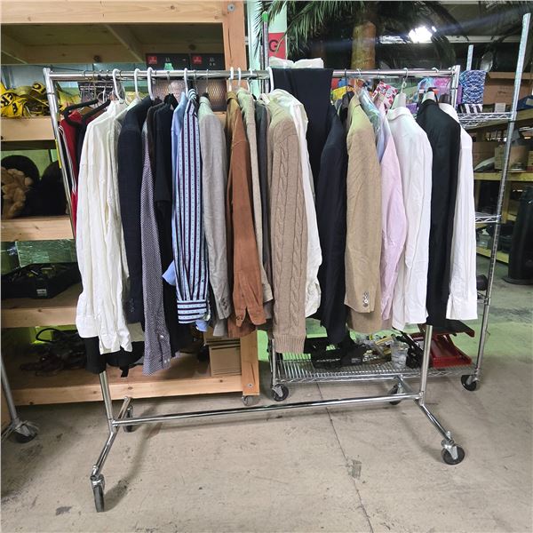 Rack of Assorted Men's Clothing Shirts, Blazers, Pants (Various Sizes - Rack not included)