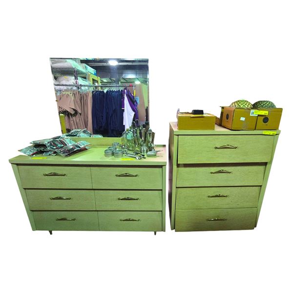 2-Pcs Wooden Dresser with Gold Handles, with Mirror (H41" x W31.5" & H32" x W47")