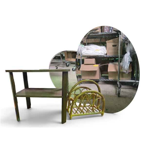 Wooden Side Table (W22"), Wicker Magazine Holder (W15.5"), and 2 Table Glass Top, Various Sizes