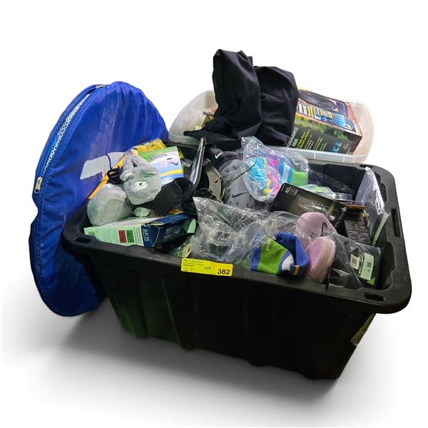 2-Totes of Assorted Household, Beanie and Electronics Products