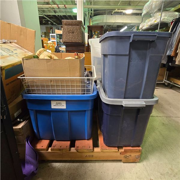 Pallet of Misc Items - Silver Display Pedestals, Home Decor, Kitchenware, Strapping, and More
