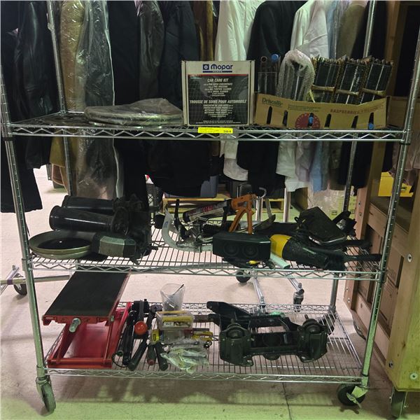 3-Shelf of Misc Car Parts and Accessories, including Brake Rotors, Car Care Kit, Hand Tools and More