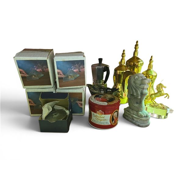 Group of Desktop Figurine Decor, Moka Coffee Maker, and 6 Wishing Pyramid Boxes