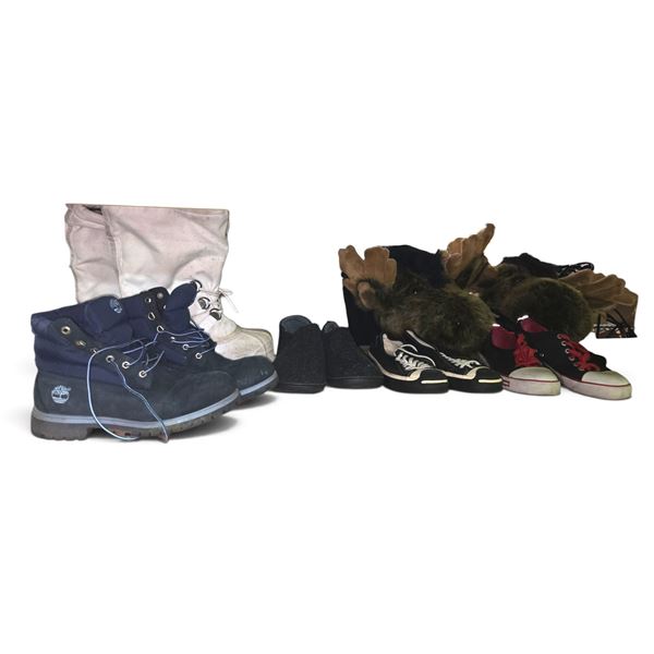 Group of Assorted Boots and Shoes (Timberland, Sorel, Dover Street Market) and 2 Moose Head Decor