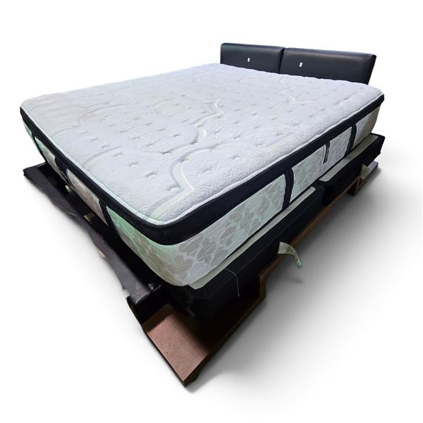 Serta Masterpiece Mattress, Black Faux Leather Bed Frame (Approx. 78"x96"), with a Wooden Extender B