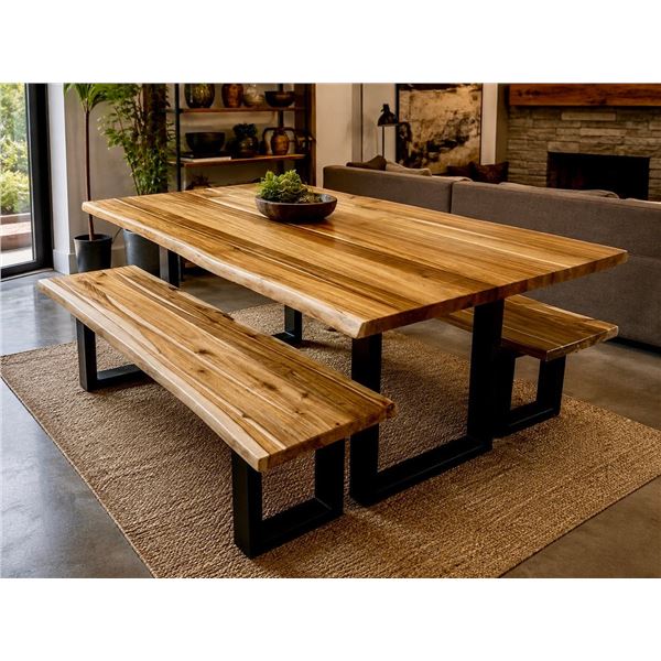 Live Edge Wooden Table (80"x38") and Bench (x1 only) - 2-Pcs Set