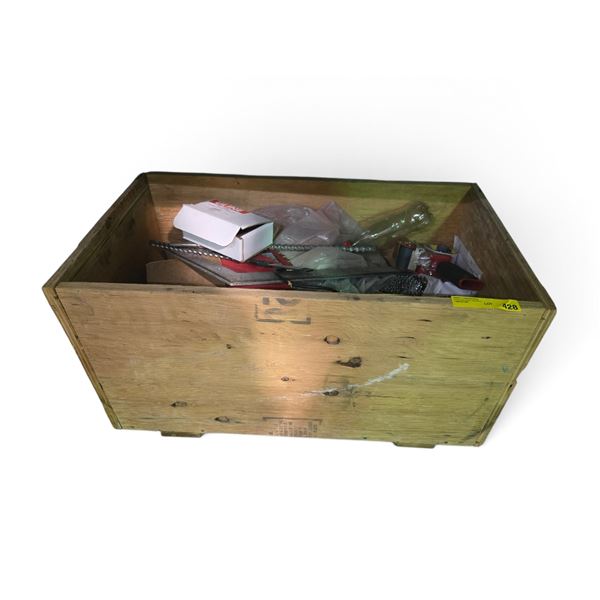 Wooden Crate with Hardware Nails and Assorted Tools